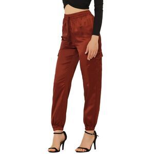 Satin Joggers Drawstring Elastic High Waist Silky Cargo Pants Brown